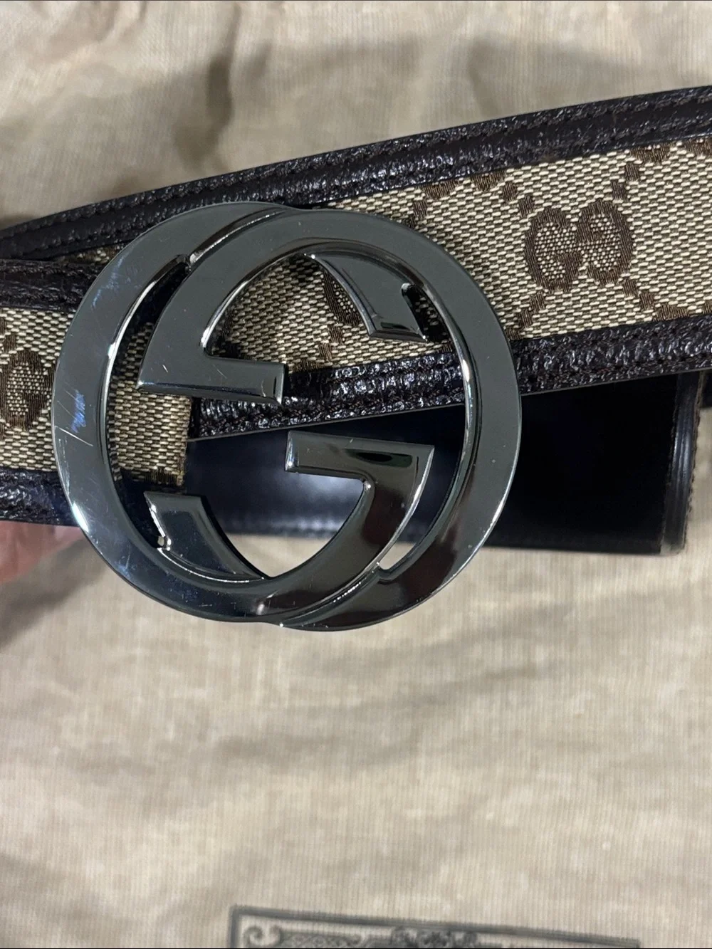 Gucci Brown Monogram GG Canvas Belt with Silver Interlocking GG Buckle